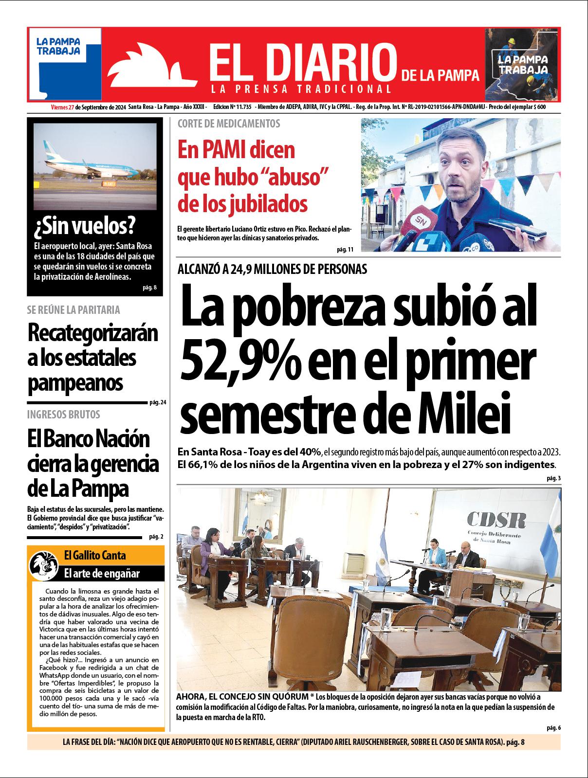 Tapa de El Diario en papel  viernes 27 de septiembre de 2024